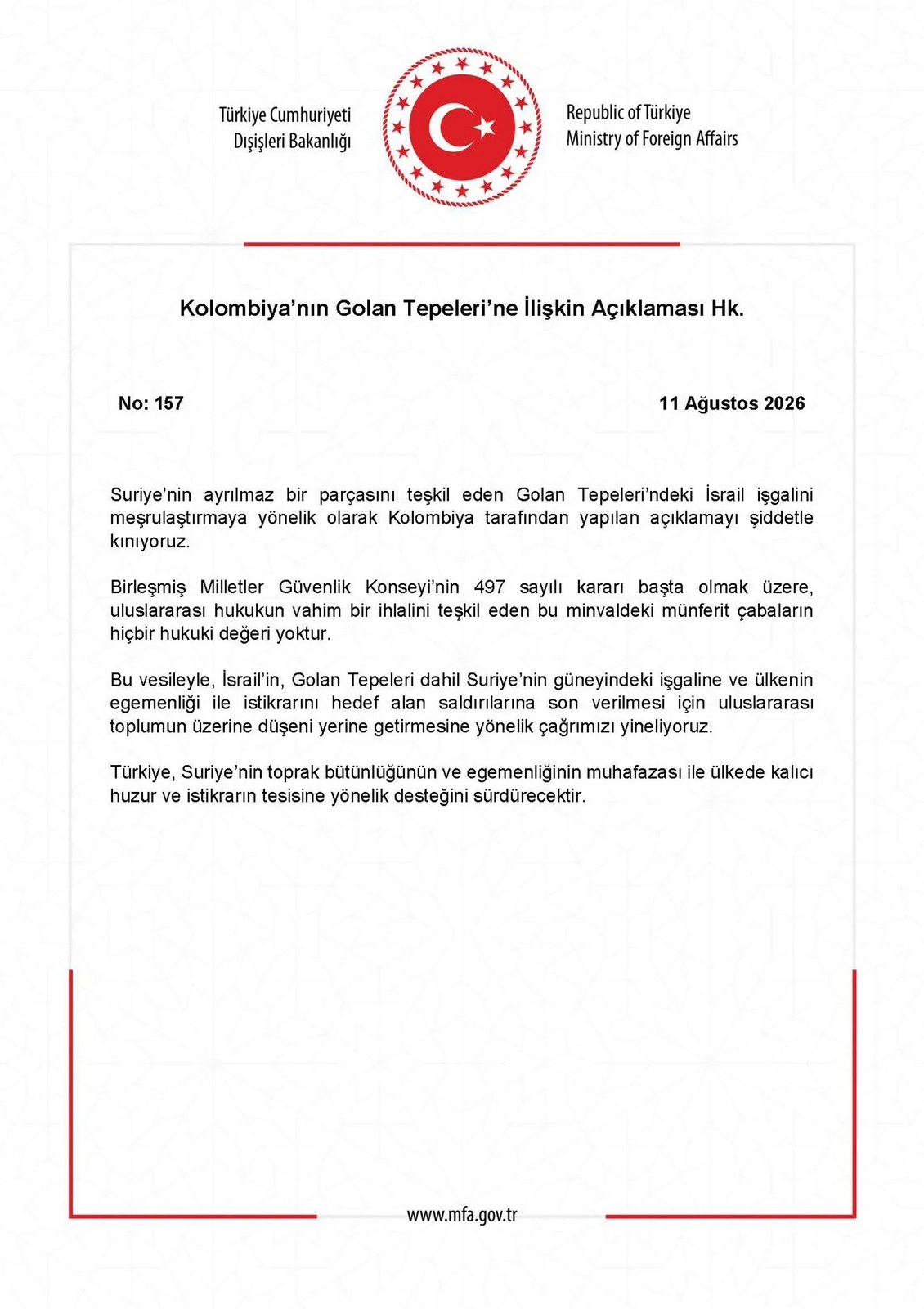 Dışişleri Bakanlığı'ndan Kolombiya'nın Golan Tepeleri Kararına Sert Tepki